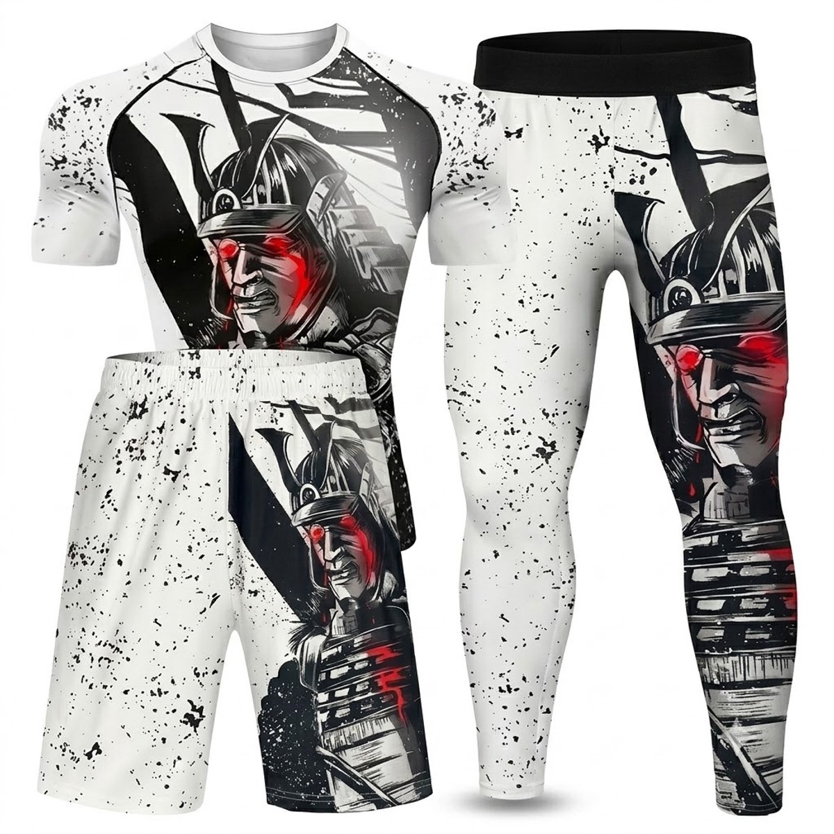 Gemengde kleur compressie sport set heren maat L 3 delig met krijger print – sport shirt, sport short en compressie legging voor fitness, hardlopen, training en vechtsport