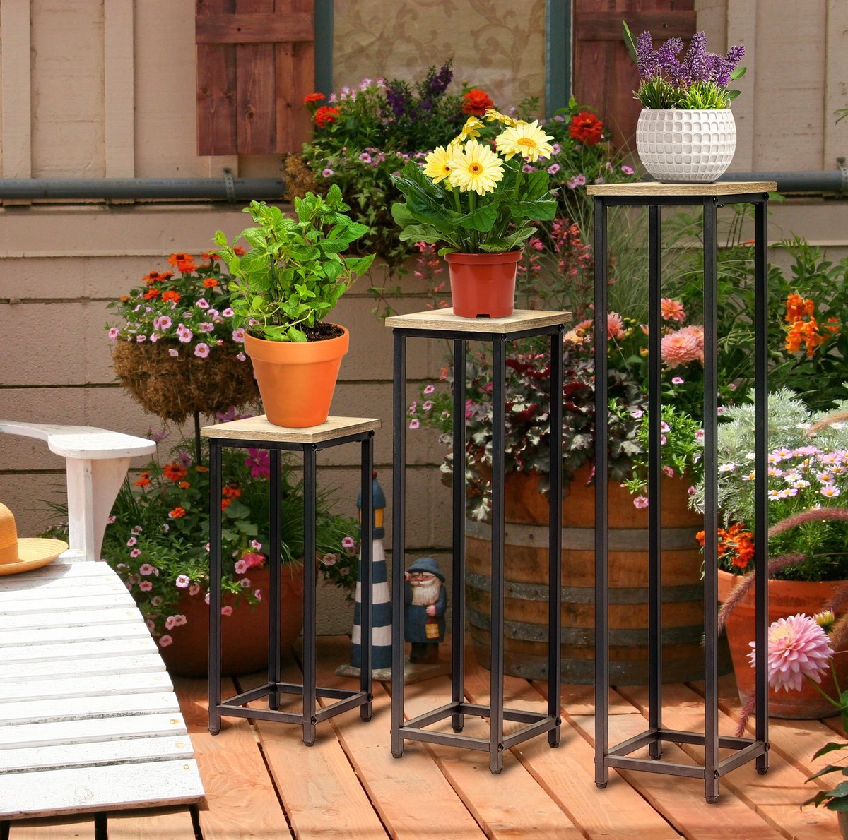 STILVORA Bijzettafel – 3-Delig Set – 21 x 21 x 50 70 90 cm – Staal en Spaanplaat – Zwart en Naturel – Voor Balkon Tuin en Woonruimte – Stapelbaar