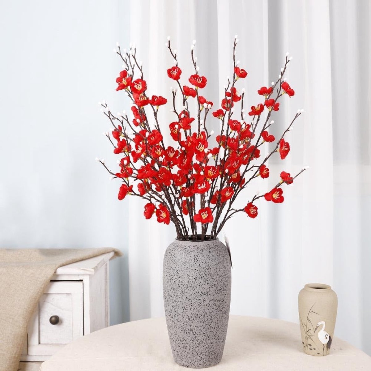 Kunstbloemen Set van 6 - Realistische Rode Prunus Bloesem, 55 cm Lang voor Vaas, Ideaal vo
