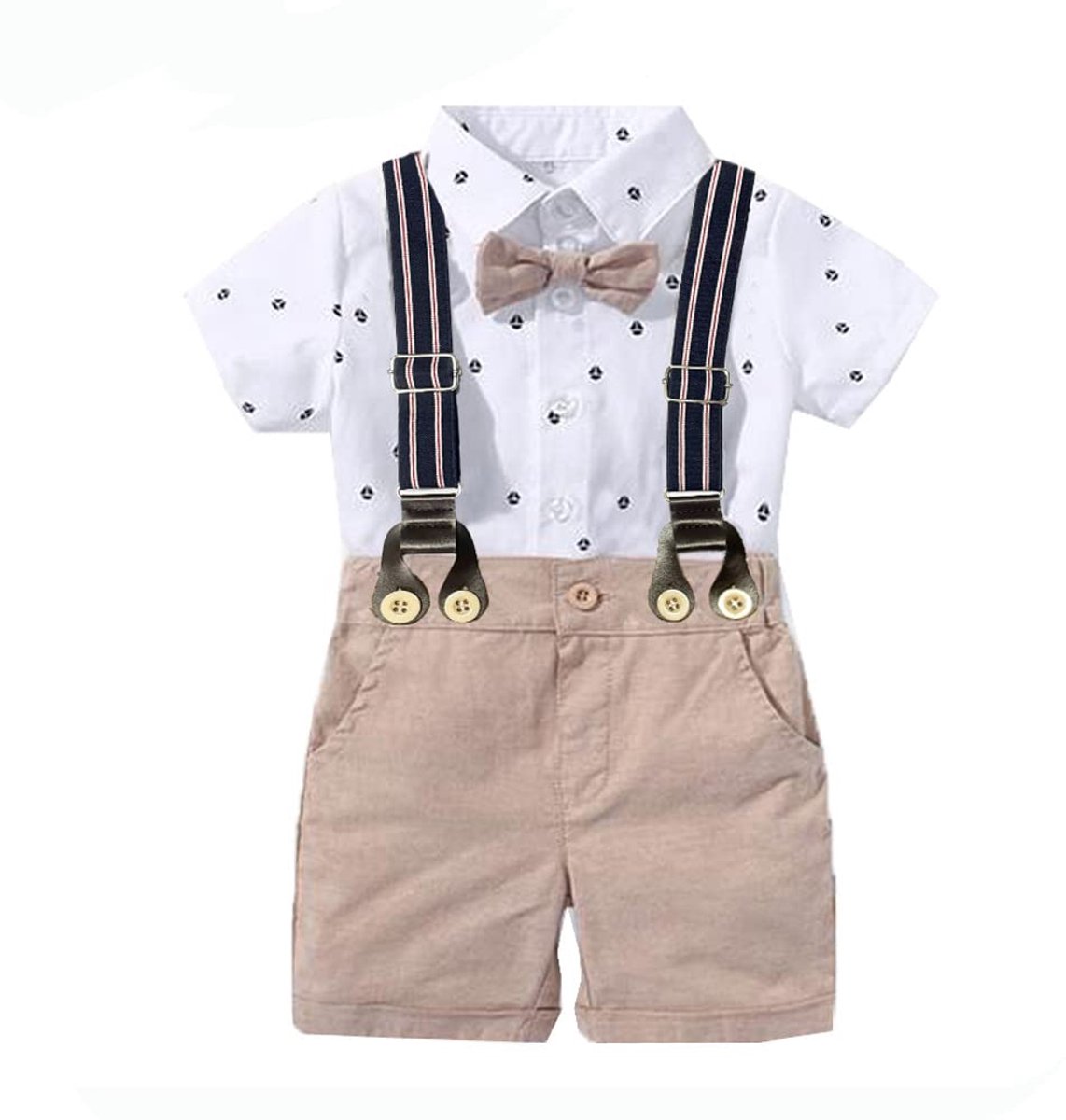 SnelShoppen - Babypak met Korte Mouwen & Bretels, Gecoördineerde Herenbody en Broek, Zomer Pasgeboren Jurken in Kaki, 6-9 Maanden
