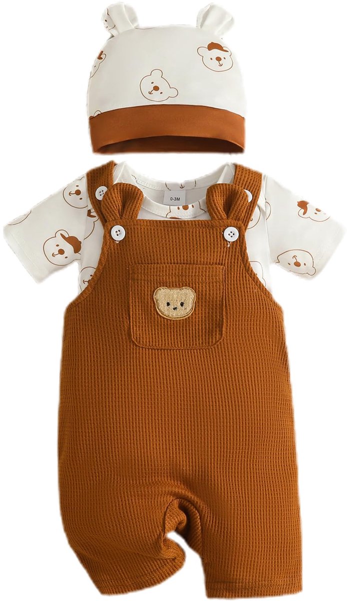 SnelShoppen - 3-delige babykledingset voor jongens, gestreept korte-mouw tops + dierenprint overall broek + muts voor pasgeborenen, bruin, 6-12 maande