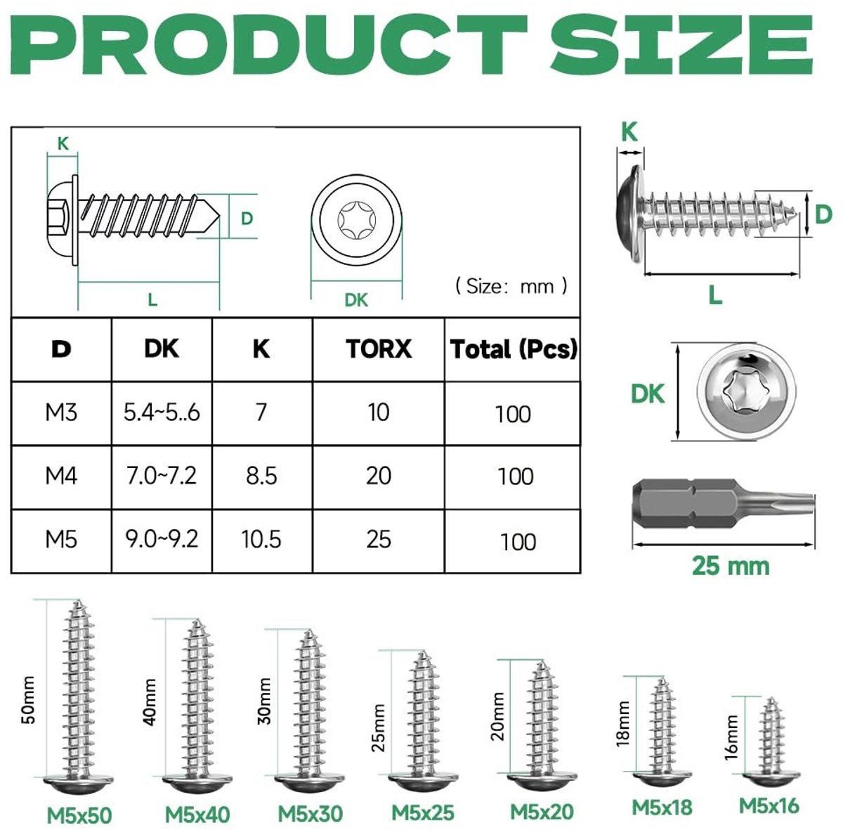 Set van 100 RVS Plaatschroeven M5 x 50 mm Zelftappende Schroeven met Schijf, A2 V2A Torx, Volledige Draad, Houtschroeven en Bevestigingsmateriaal