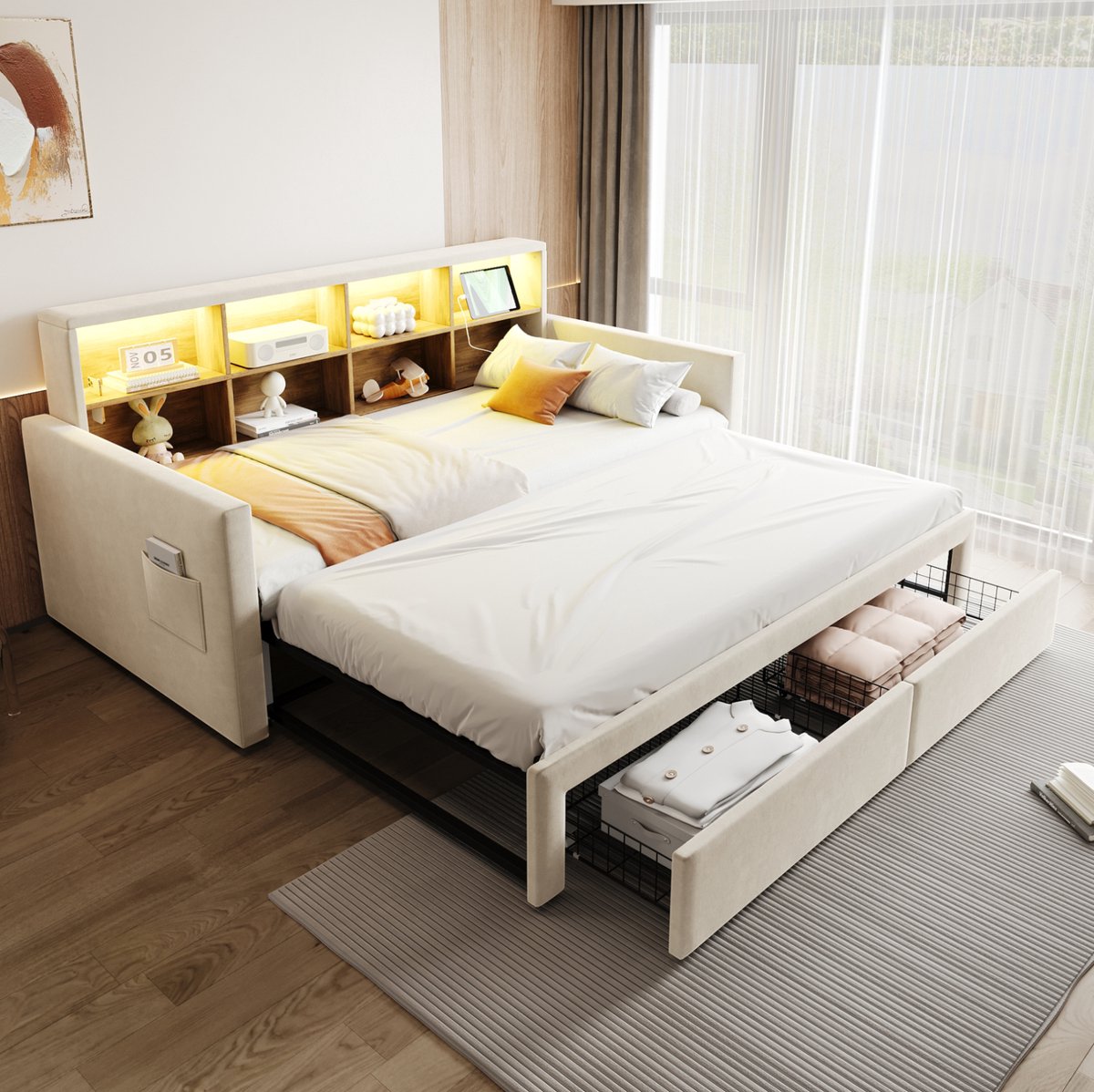 COVREO Bed 90x190 cm beige stof met opbergruimte zonder matras