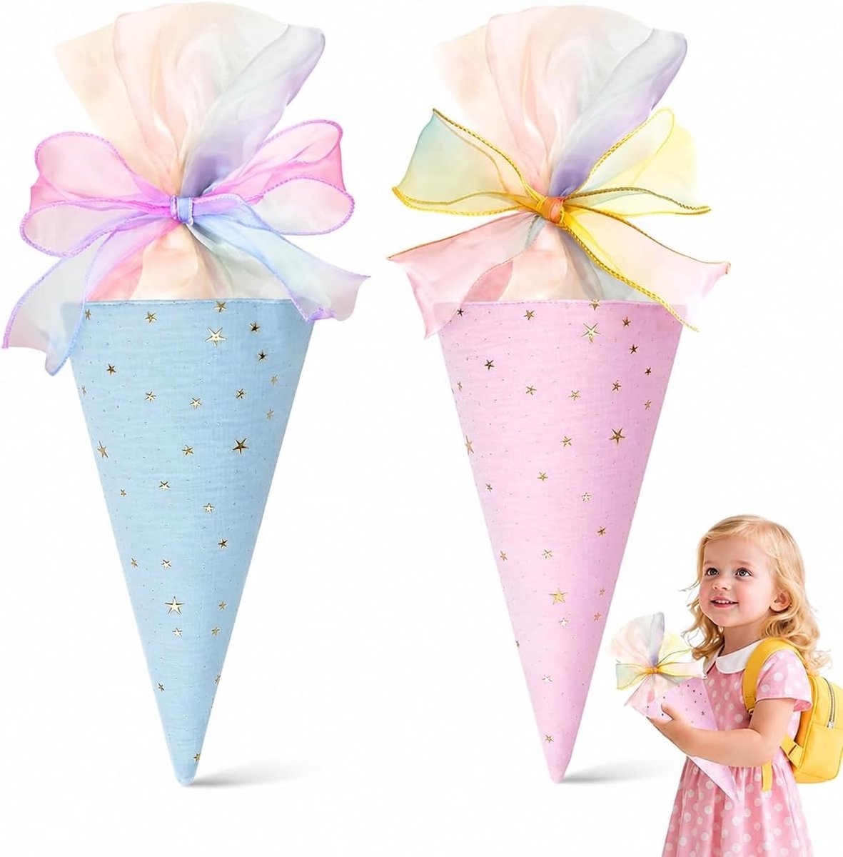 Schooltas cadeau voor de eerste schooldag - 2 mini snoepzakjes 49 cm in blauw en roze - set voor broers en zussen, decoratie voor kinderen