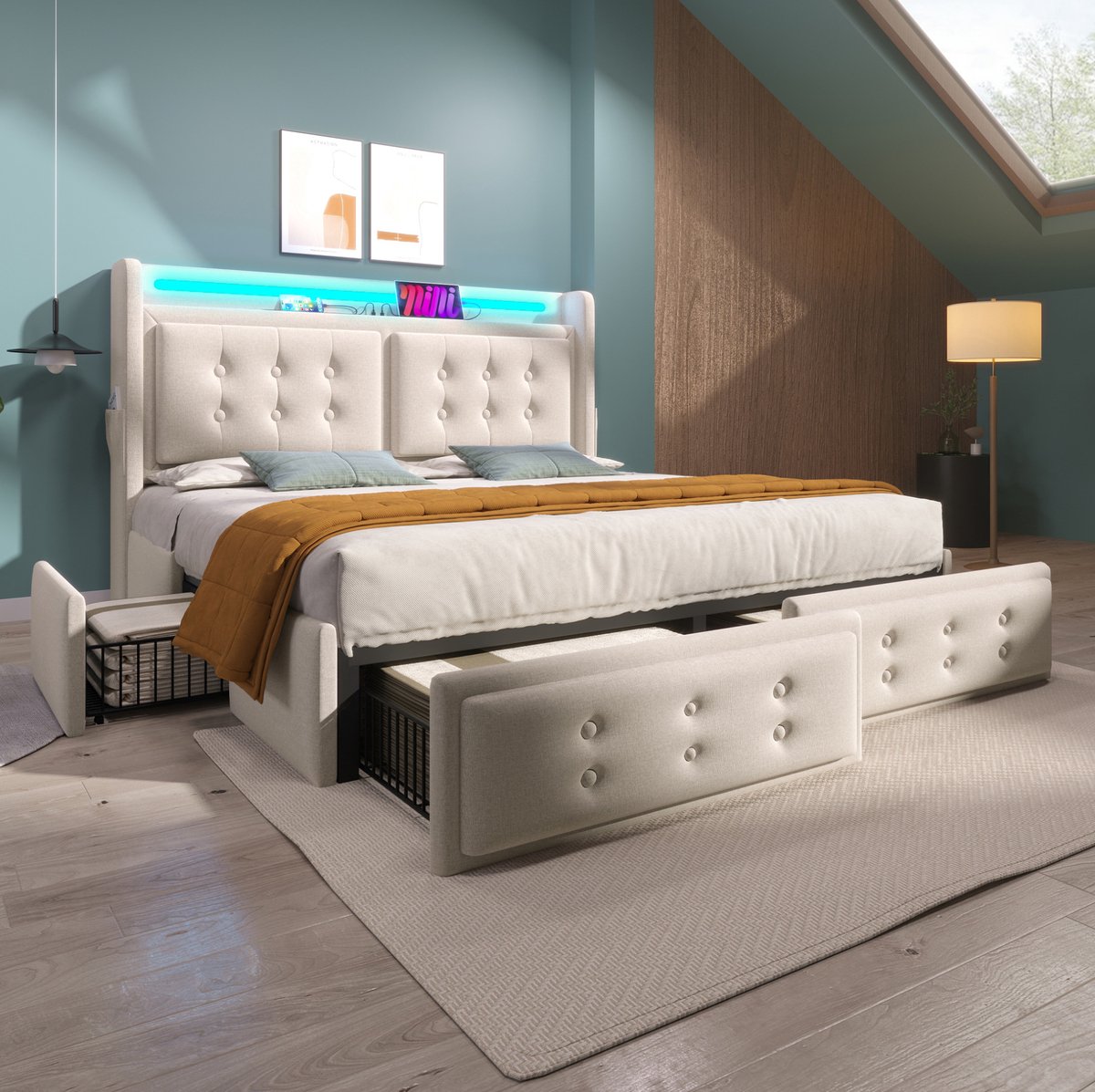 COVREO Bedframe 160x200 cm beige, LED, opberglades, lattenbodem, zonder matras