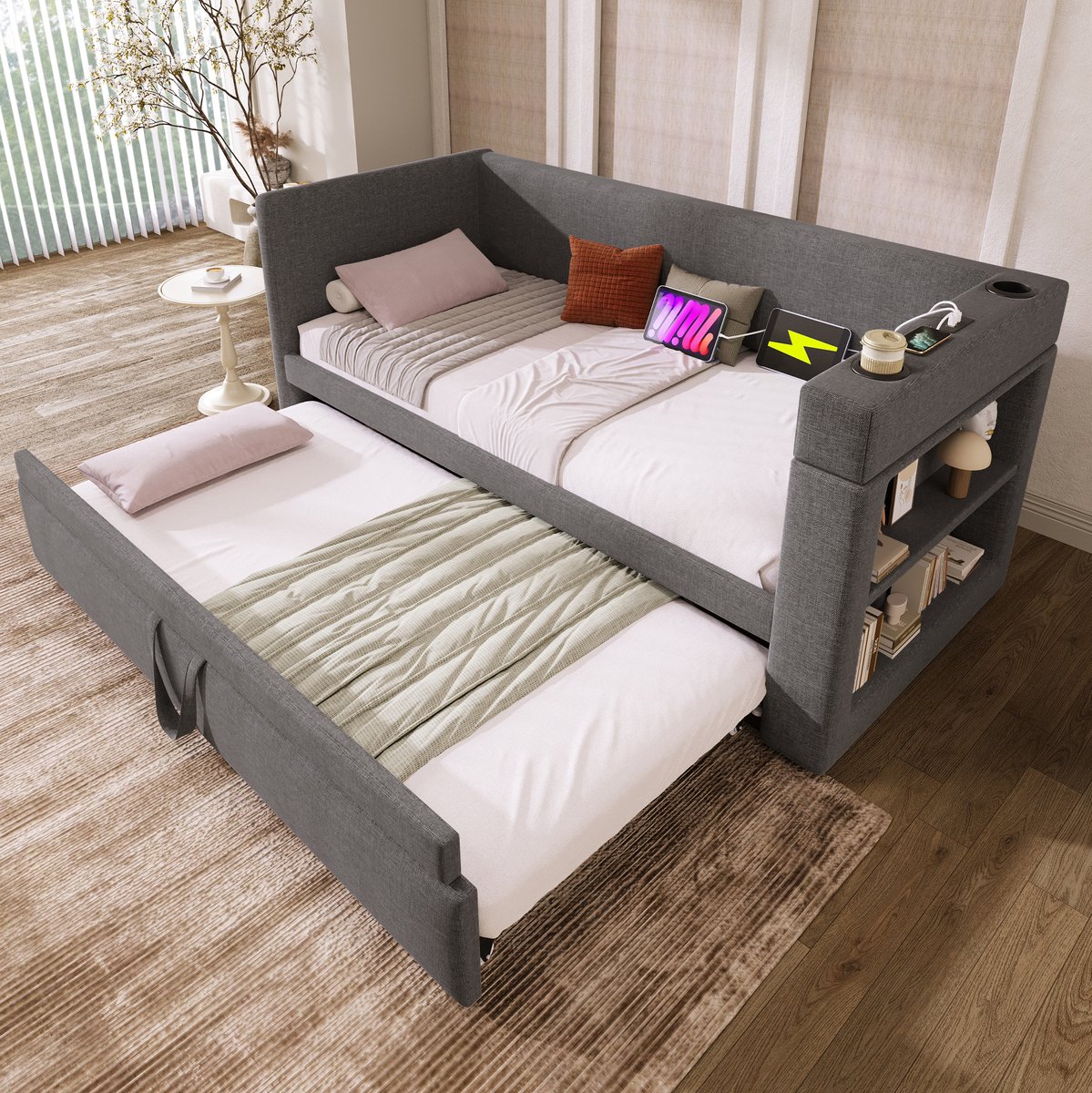 COVREO Slaapbank 90x190 cm grijs stof met uittrekbed zonder matras