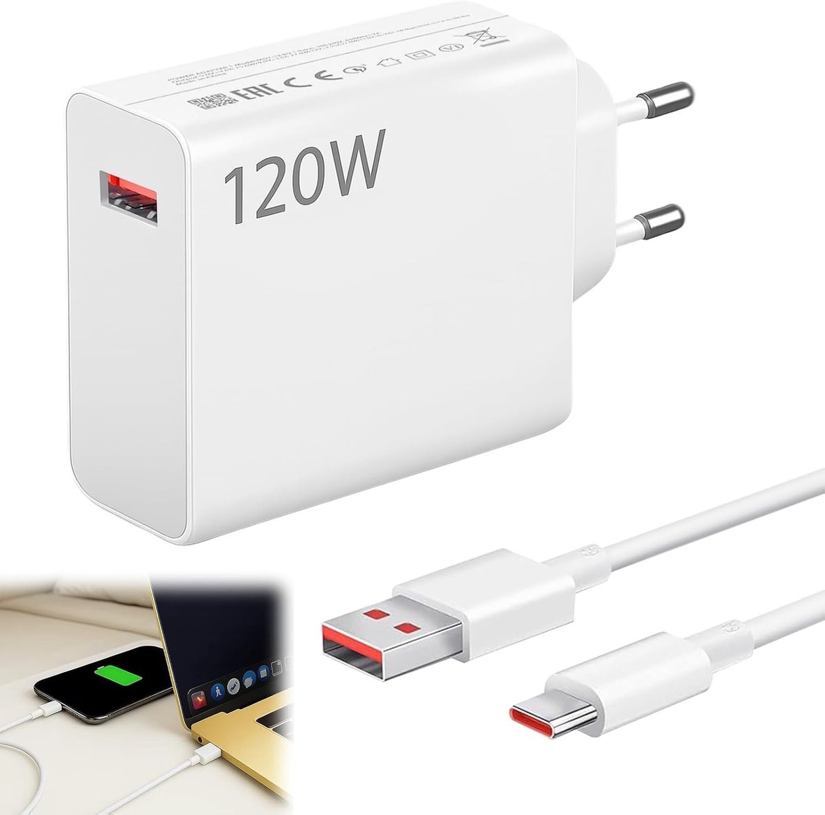 Snelle 120W USB C Oplader met 1.5 m Kabel voor Smartphones, Tablets en Laptops - Geschikt voor Diverse Modellen