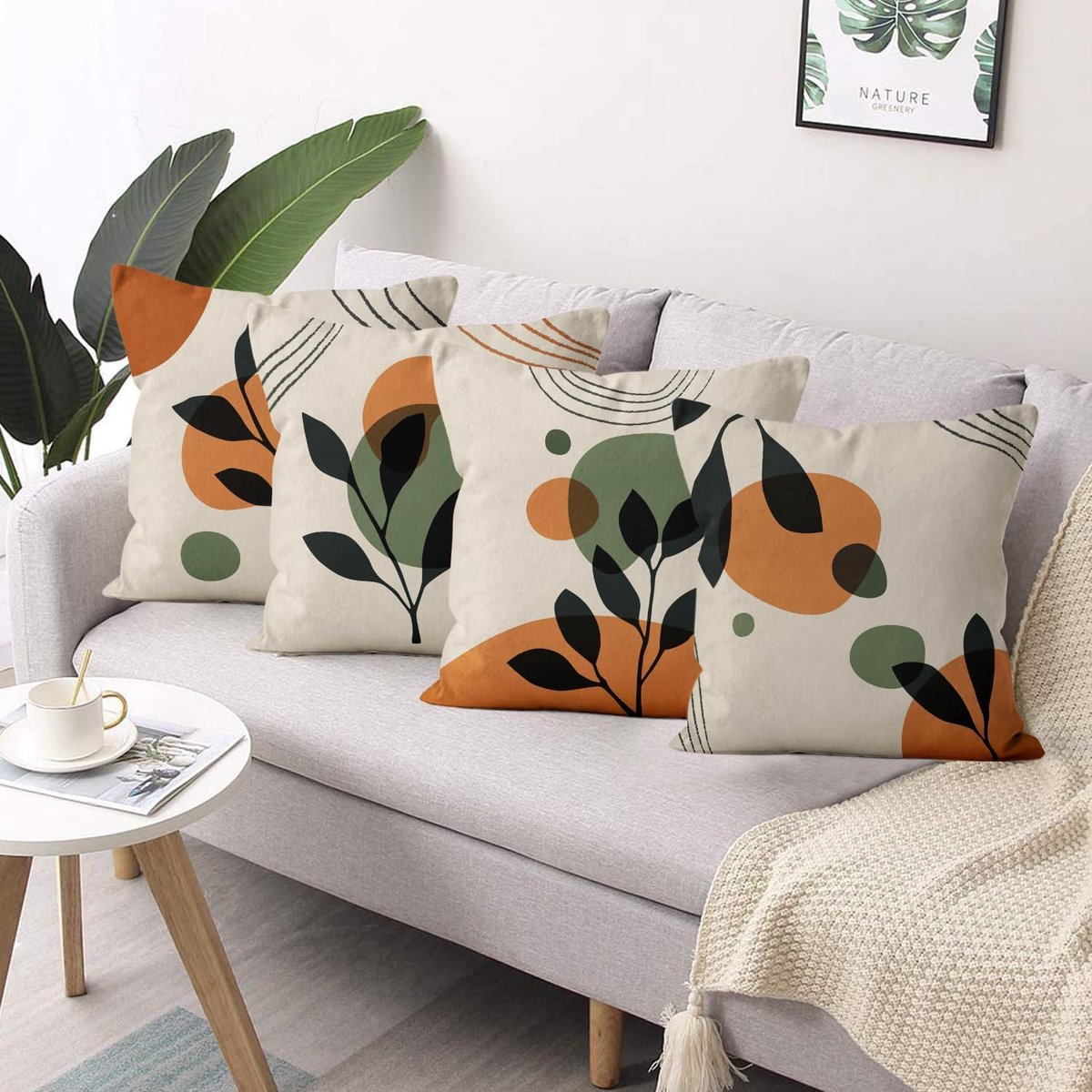 SnelShoppen - Set van 4 Boho Kussenhoezen 45x45 cm, Abstract Kunst, Zwart, Groen, Beige, Wasbaar Polyester, Vlas, Voor Bank en Tuin, Sierkussens Outdo