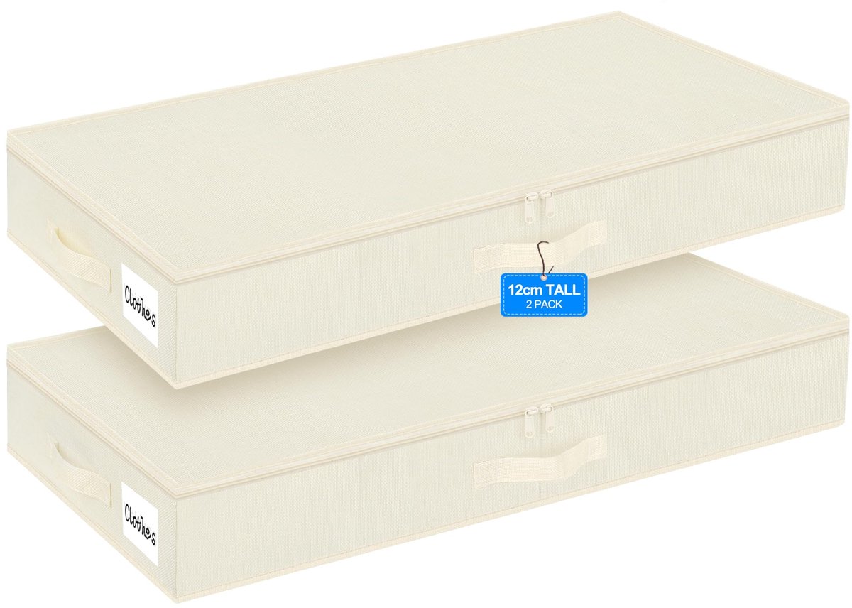 SnelShoppen - Huquter Laag Onderbed Opbergdoos met Deksel, 2 Stuks, 12 cm Hoog, Beige Opbergdozen voor Kleding, Opvouwbare Stof, Ondiepe Opbergzak met