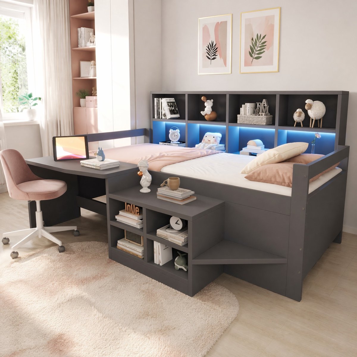 Wishdor Kinderbed 90x200 cm - Halfhoogslaper met bureau en opbergruimte - LED-verlichting en USB - Hout en MDF - Grijs