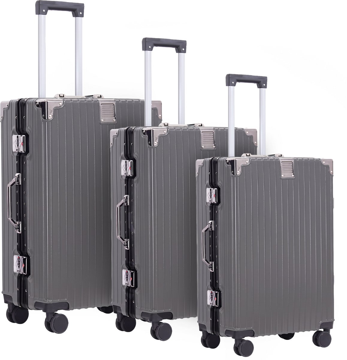 FLY&BYE® Kofferset Axis Aluminium S/M/L - 3 Delig - Complete Set - 37 Handbagage + 67 en 94L Ruimbagage - Cijferslot - Antraciet