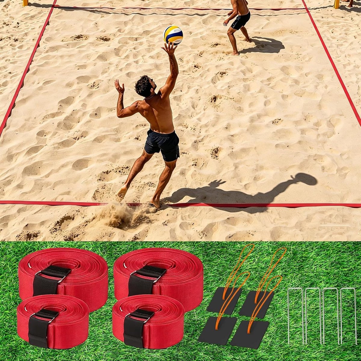 Draagbare beachvolleyballijnen voor zand en gazon, speelveldmarkering met middenlijn, ideaal voor outdoorsport en recreatie