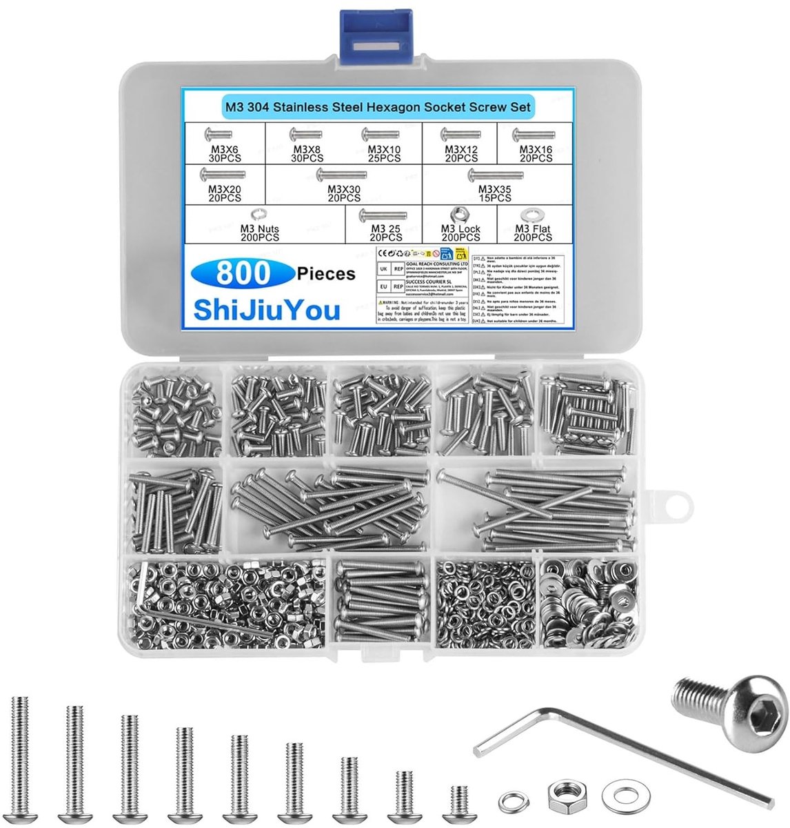 Complete Set van 800 Stuks M3 Schroeven en Moeren - Ronde Kop, RVS, Inclusief Wasmachines en Assortiment Machine Schroeven