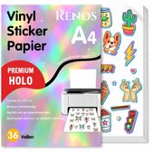 A4 holografisch vinyl stickerpapier met 36 stickers, waaronder een corgi, cactus en ijshoorntje.