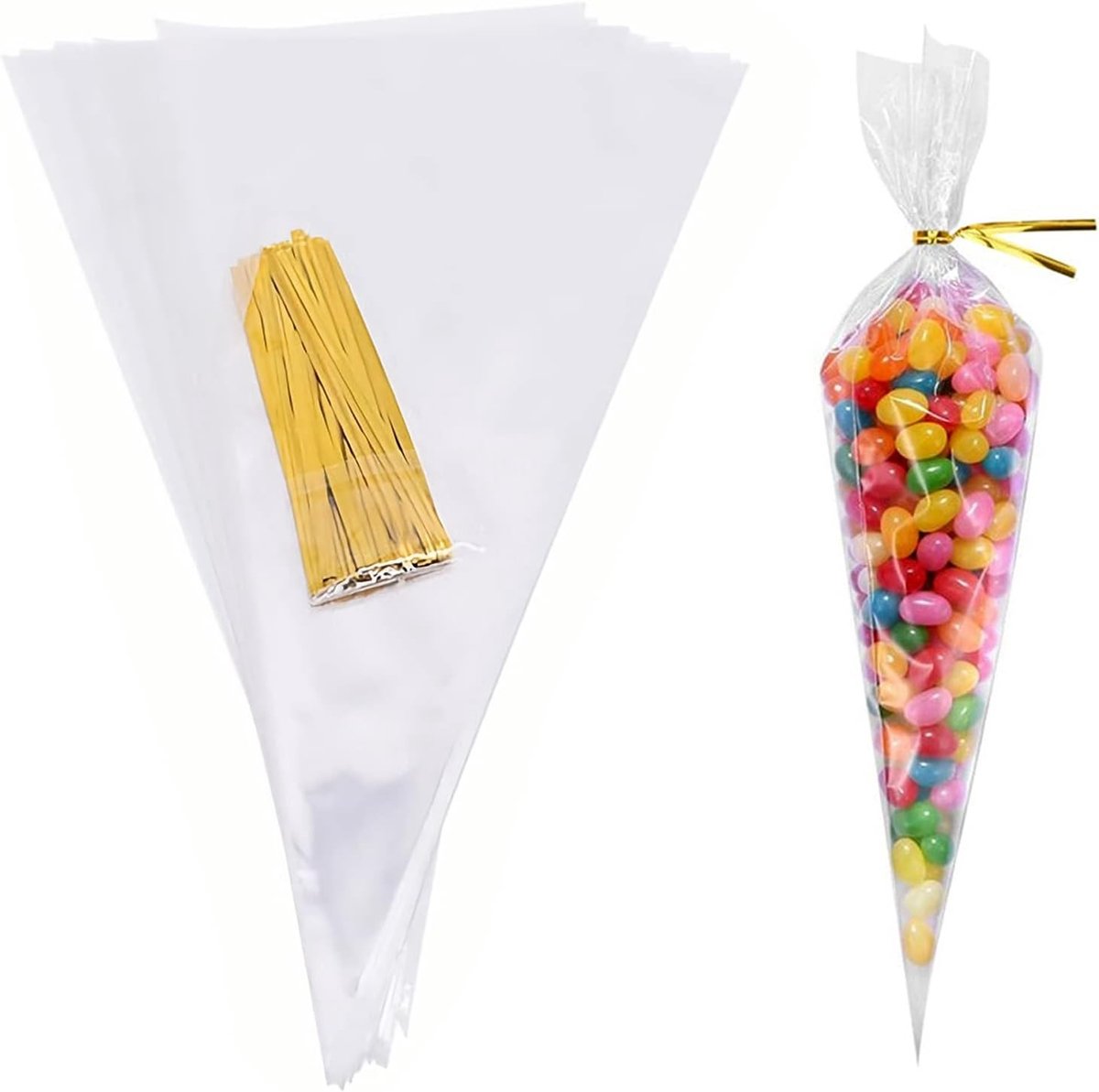 100 Stuks Transparante Candy Bags met Gouden Twist Band voor Snoep, Chocolade en Feestjes - 16 x 30 cm Geschenkverpakking