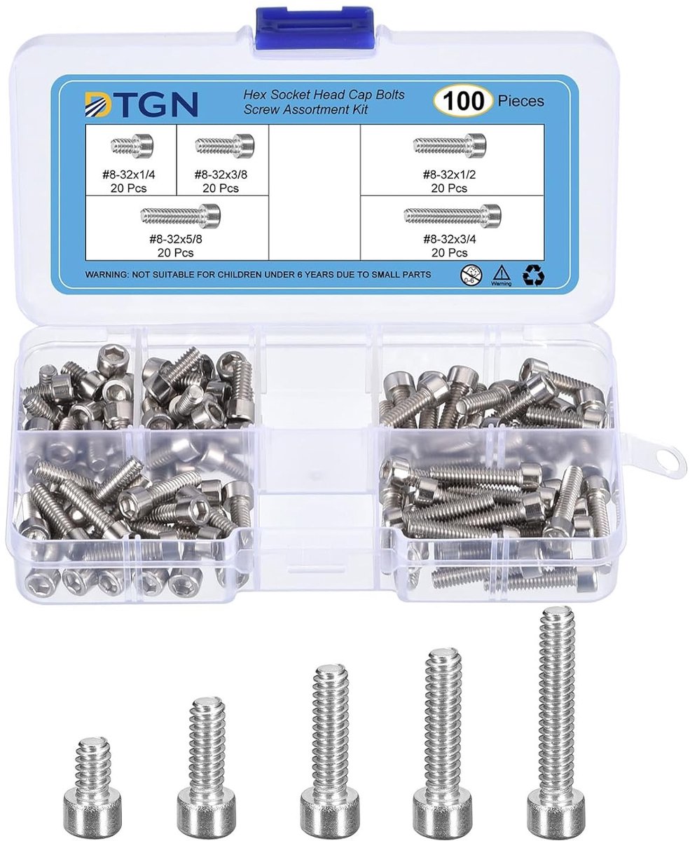 Assortiment van 100 stuks hex schroeven #8-32 in verschillende lengtes - ideaal voor mechanische apparaten - roestvrijstalen schroefset van hoge kwaliteit
