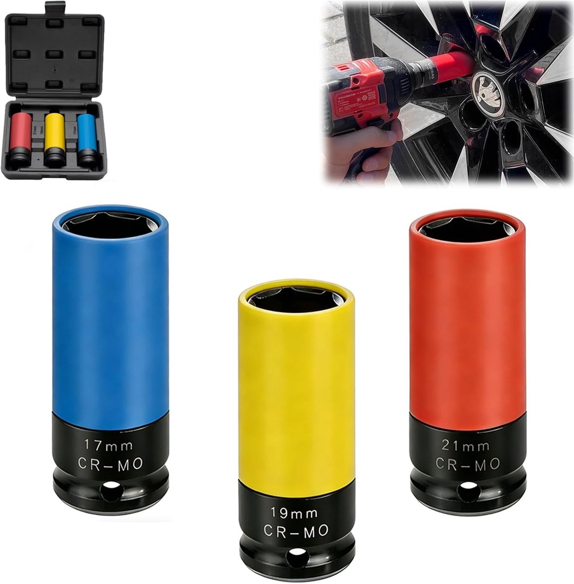 Professionele 1/2 Inch Impact Cap Set met 3 Stukken, Kleurgecodeerde Beschermkap voor Bandenwissel, Bescherming van Velgen en Krasvrije Montage