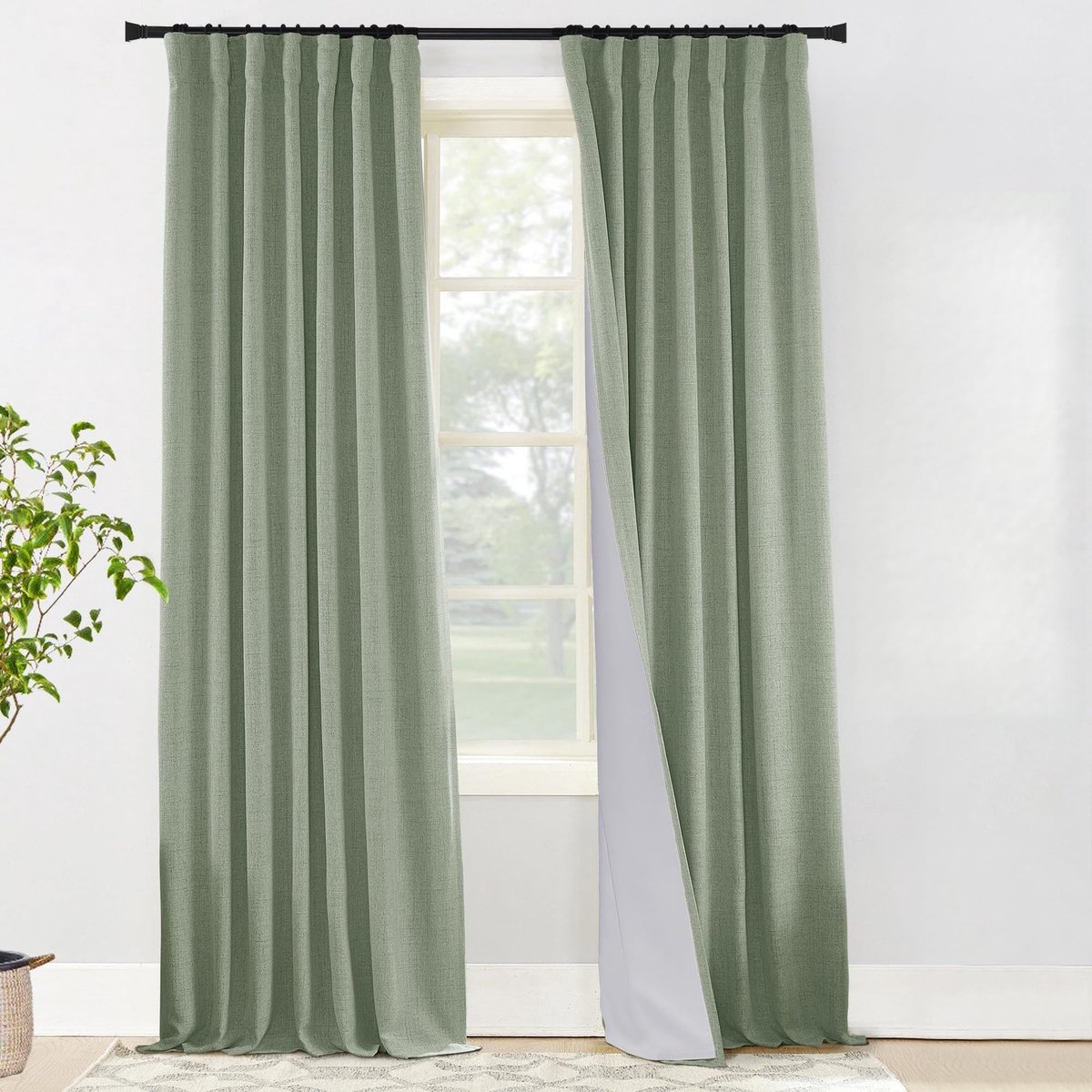 SnelShoppen - Thermische gordijnen voor zomerhitte, saliegroen, 213 cm, 2 panelen, lichtblokkerend linnen boho verduisterend, geluidsdicht voor woonka