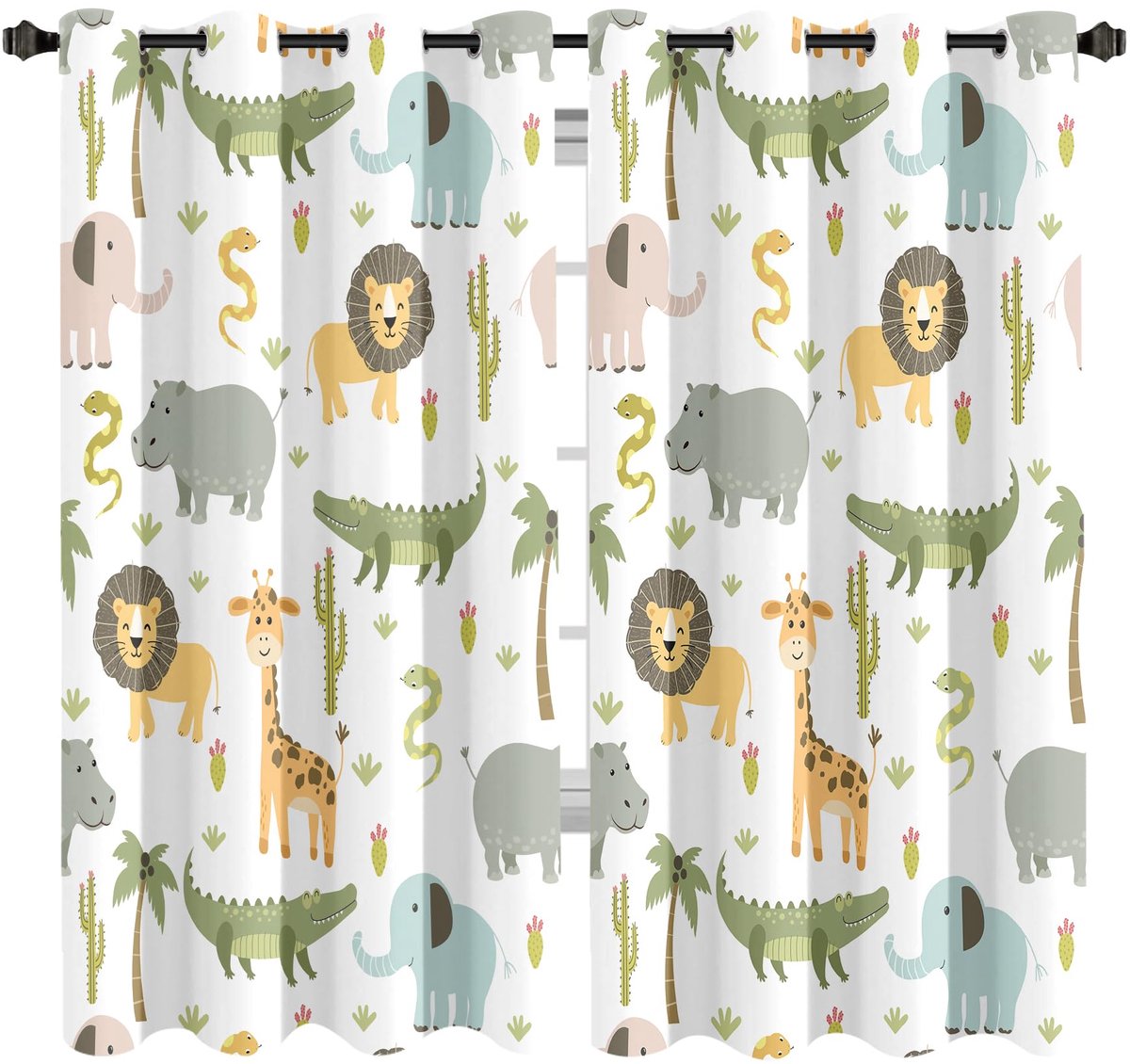 SnelShoppen - Verduisterende Gordijnen voor Kinderkamer 52x63 Inch - Safari Dieren Jungle Leeuw Olifant - Ideaal voor Jongens, Slaapkamer, Woonkamer,