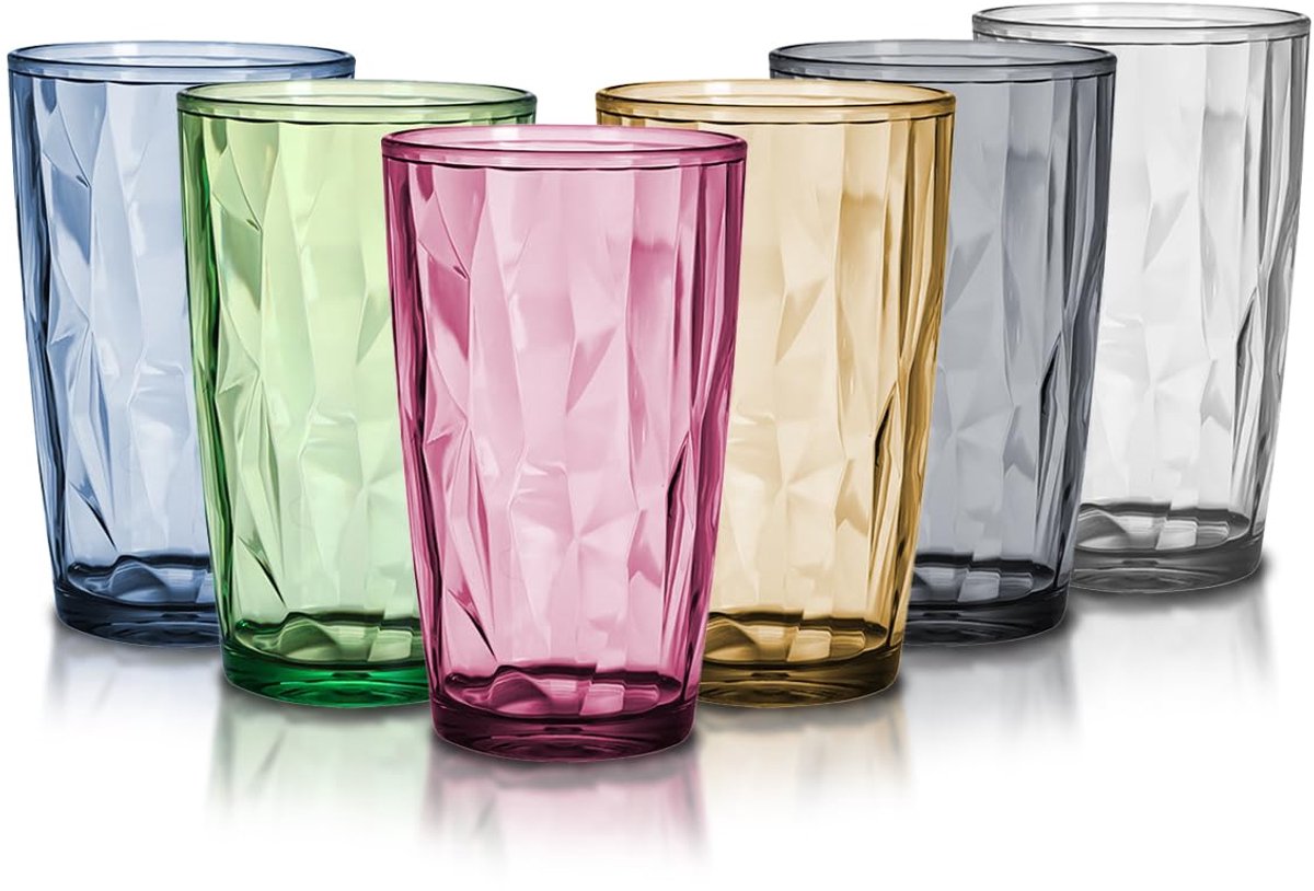 SnelShoppen - Set van 6 kleurrijke onbreekbare waterglazen 470 ml, stapelbare plastic drinkglazen met kristalglas uiterlijk voor picknicks, camping, f