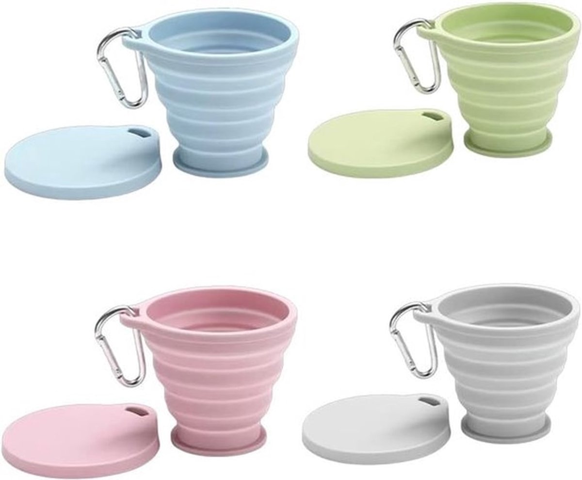 SnelShoppen - 4 Stuks Vouwbare Siliconen Bekers met Deksel, Herbruikbare Vouwbekers voor Camping, Picknick, Outdoor, Reizen (Roze, Blauw, Groen, Grijs