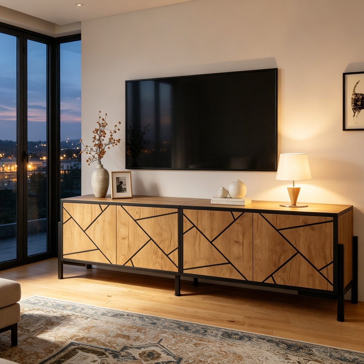 DESMIU TV-Meubel - Geometrisch Design Met 4 Deuren - Voor Kleine Woonkamers En Opbergruimte - MDF - 153 x 40 x 50 cm - Naturel Hout