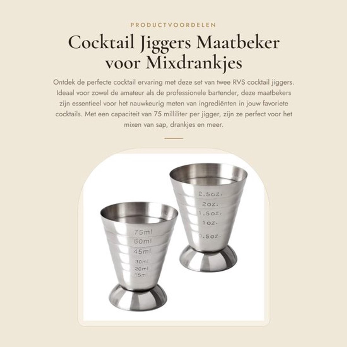 Cocktail Jigger 2 Stuks - Roestvrij Staal - 75 ml - Schokbestendig - Duurzaam - Maatbeker voor Cocktails