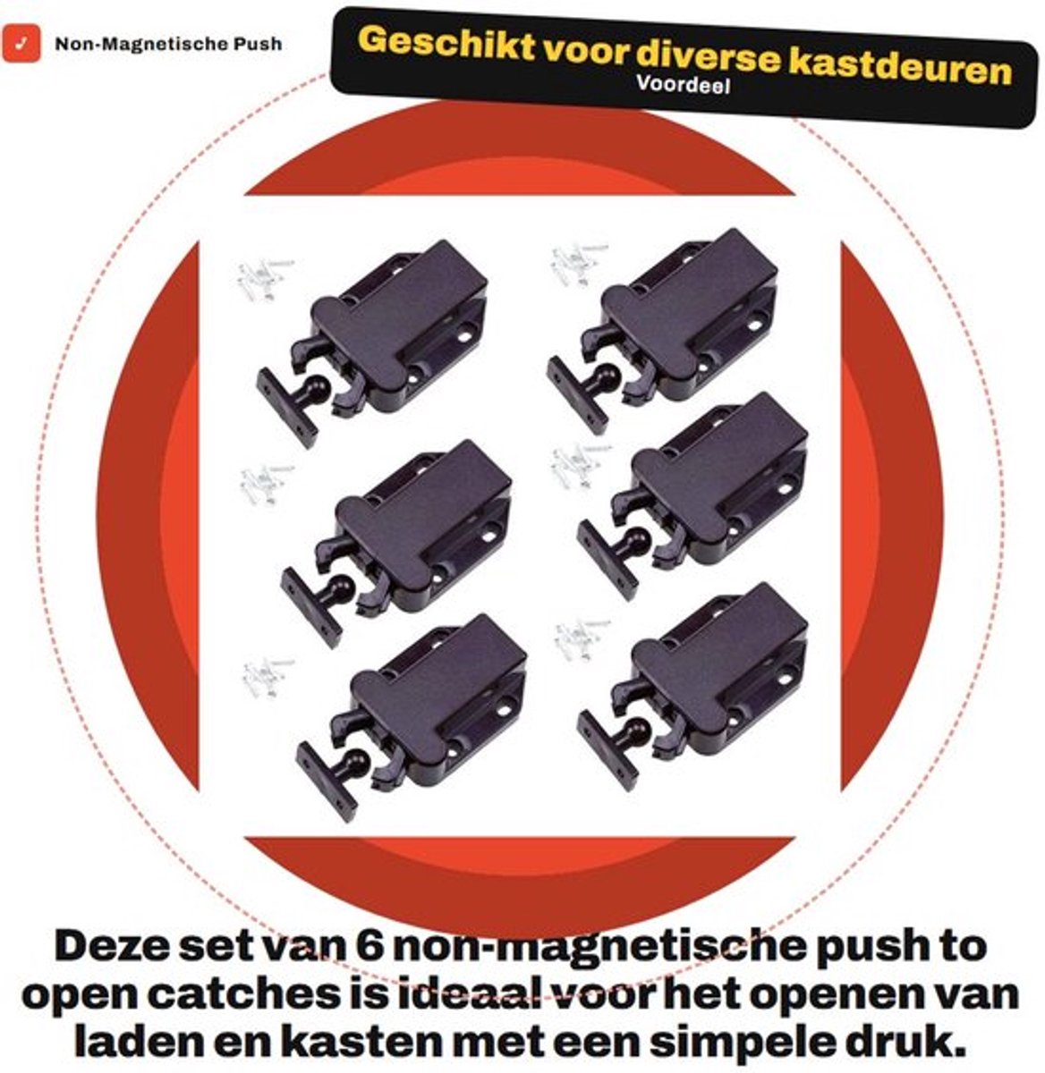 Touch Release Catch - 6X Set - Niet-Magnetische Vergrendeling - Geschikt voor Kasten/Lades - Duurzaam ABS-Materiaal - Eenvoudig te Gebruiken - Kastvergrendeling