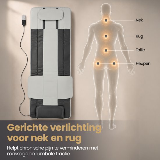 Grijze en zwarte massagemat met diagram van lichaam dat nek, rug, taille en heupen toont. "Gerichte verlichting voor nek en rug".