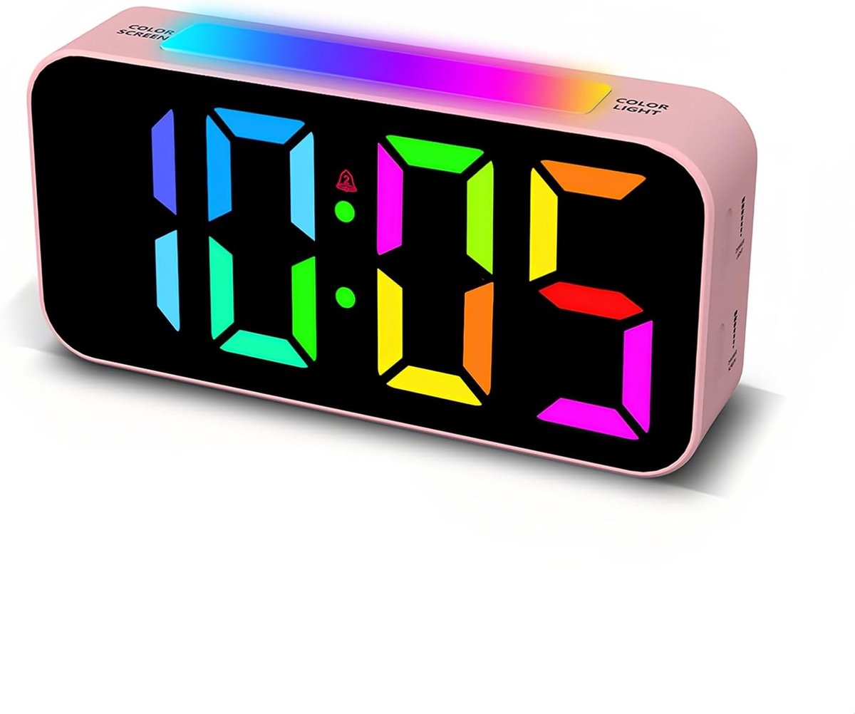 SnelShoppen - Digitale Klok met Snooze Functie en RGB Display - Grote Weergave 8 Kleuren - 12/24 Uur - Eenvoudige Alarmklok voor Slaapkamer - Aanpasba