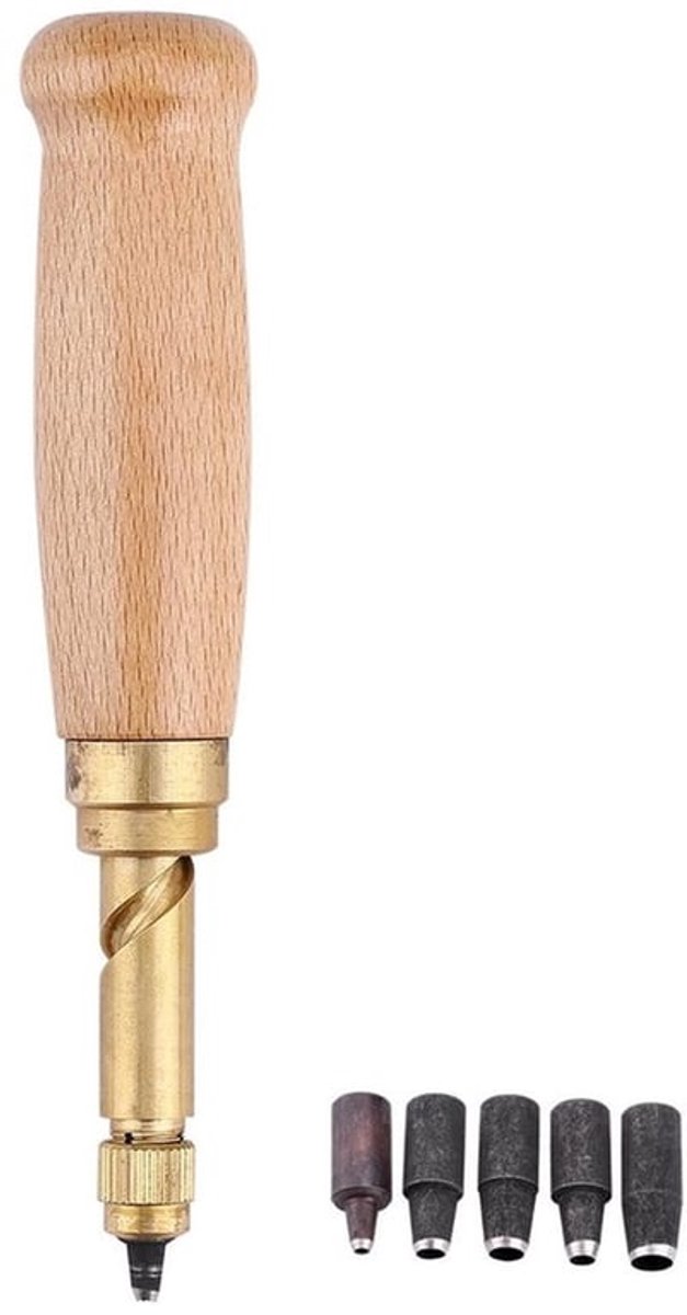 Perforator met 6 tips - Houten handvat - Leren handgereedschap - Ergonomisch ontwerp - Voor leren handwerk - Automatisch perforerend - Pons