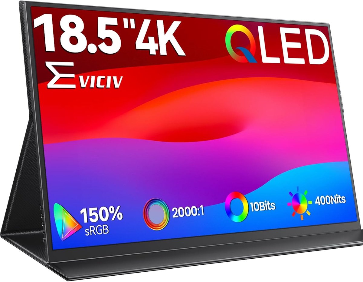 SnelShoppen - Portable Monitor 4K 18.5 Inch QLED, 150% sRGB, 2000:1, USB C Mini HDMI, Mobiele Display voor Laptop, PC, Xbox, VESA Bevestigbaar