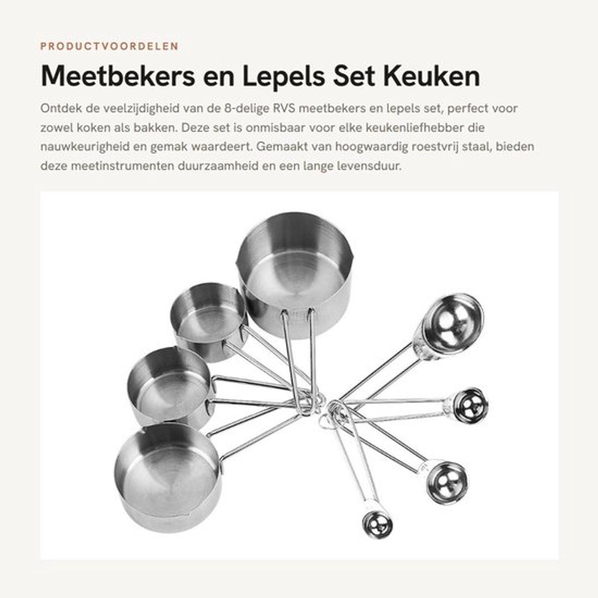 Meetbekers Set van 8 - RVS - Corrosiebestendig - Maatlepels - Duurzaam - Eenvoudig Opbergen - Lange Handgreep - Maatbekers