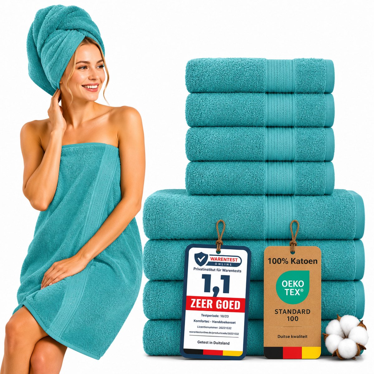 Komfortec Handdoekenset – Set van 8 - 4x Handdoek 50x100 cm en 4x Badhanddoek 70x140 cm - 100% Katoen - Aqua