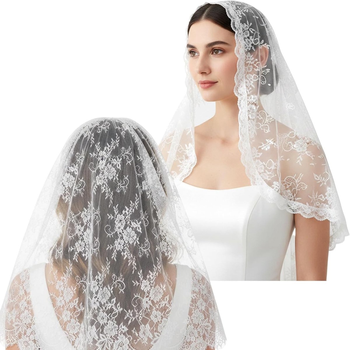 Elegante en romantische kant sluier met bloemen voor bruiloften, perfecte kapel sluier voor de grote dag