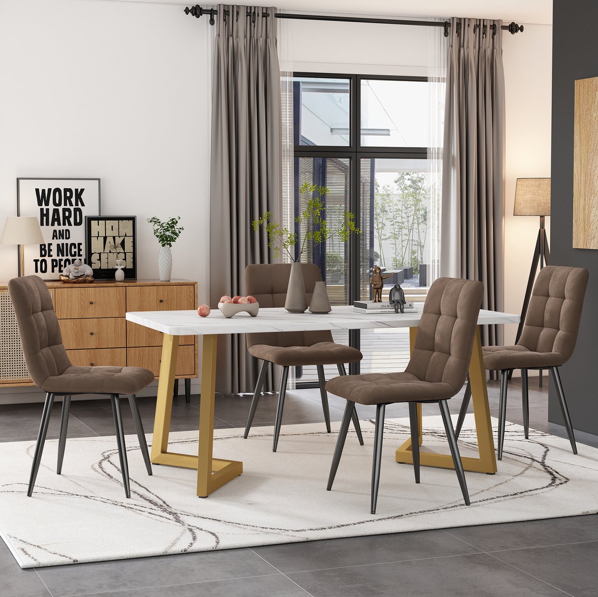 MEUNIQ eettafelset voor 4 personen, rechthoekige eettafel 117 x 68 x 75 cm met 4 stoelen, bruine fluwelen zittingen, gouden tafelpoten, modern voor eetkamer