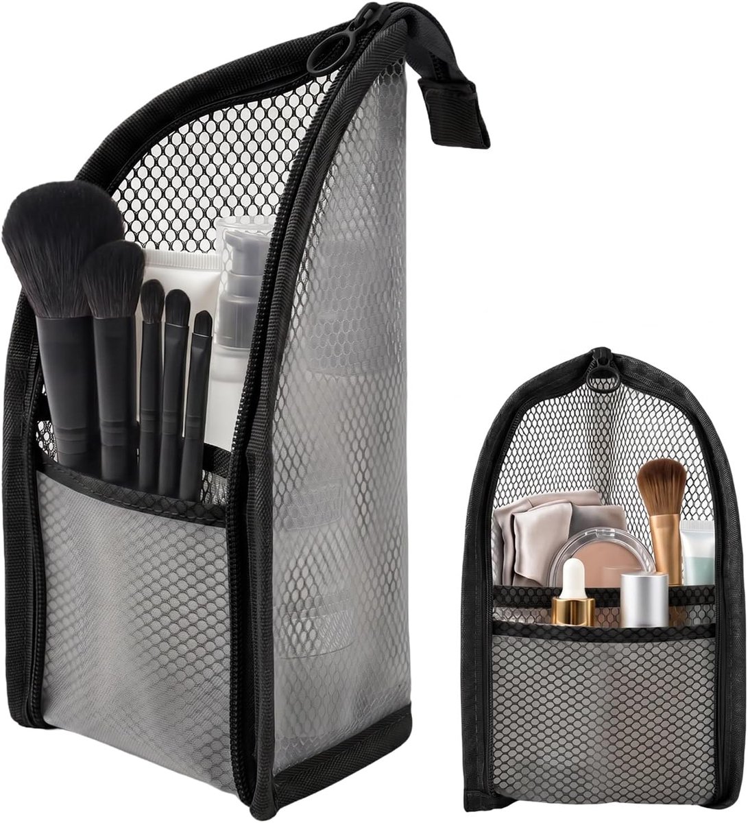 Waterbestendige Staande Toilettas, Opvouwbare Make-up Organizer, Reisetui voor Penselen en Tandenborstels - Zwart - ShopVlot