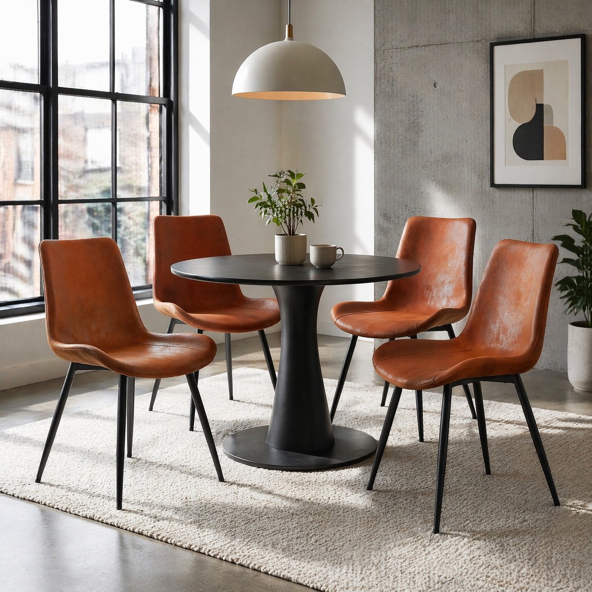 MEUNIQ Eetkamerstoel set van 4 kuipstoelen met ademende stof, ergonomische rugleuning, zwart metalen onderstel en antislip stoelpoten voor eetkamer of kantoor, bruin Brown