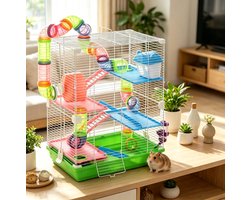 Hamsterkooi Voor Knaagdieren – 46 X 30 X 58 Cm – Met 4 Lagen, Tunnel, Looprad En Waterfles – Metaal, Polypropyleen En Polystyreen – Groen – Speelkooi Voor Hamsters En Gerbils