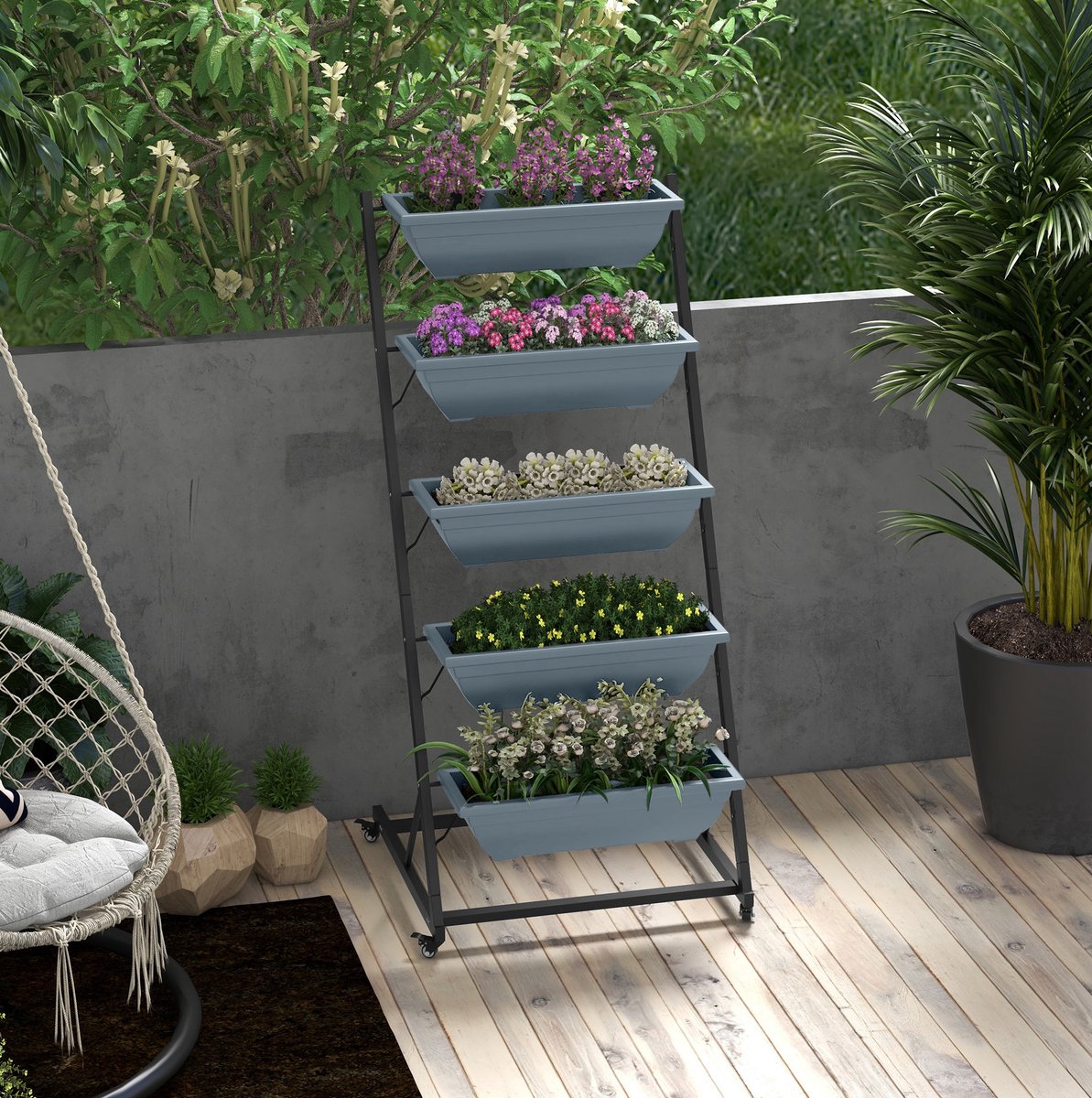 Plantenrek Met 5 Etages En Rollen - Stalen Frame - 65 x 67 x 145 Cm - Grijs - Voor Binnen En Buiten - Met Drainagegaten