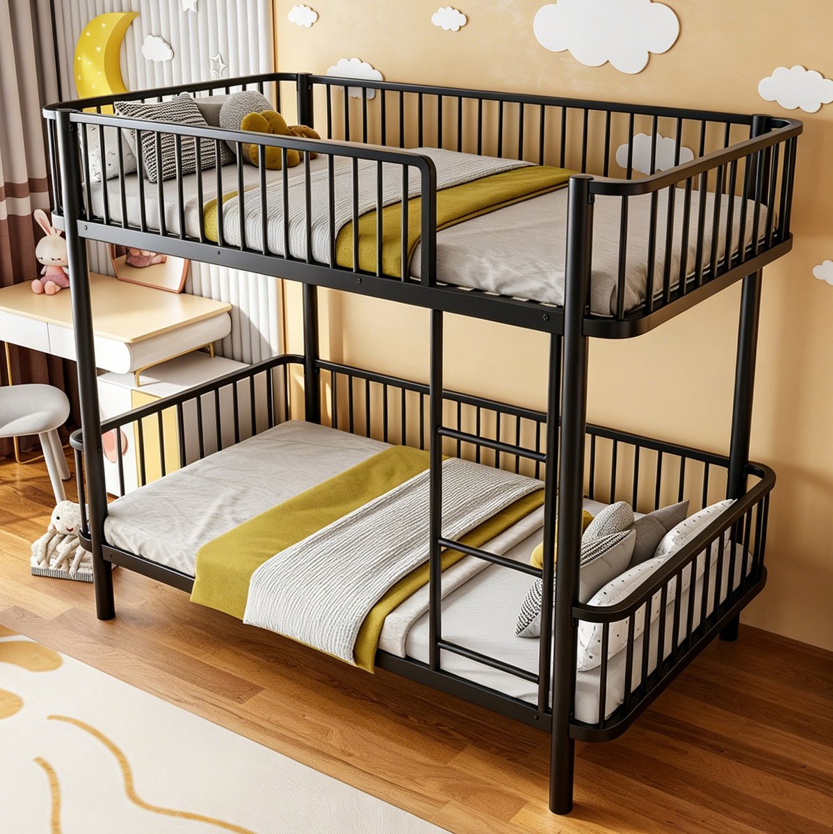 STILVORA Stapelbed 90x200 cm - Ruimtebesparend Met Ronde Hoeken - Veiligheidshekken En Ladder - Voor Kinderkamer En Jeugdkamer - Metaal - Zwart - Zonder Matras Black