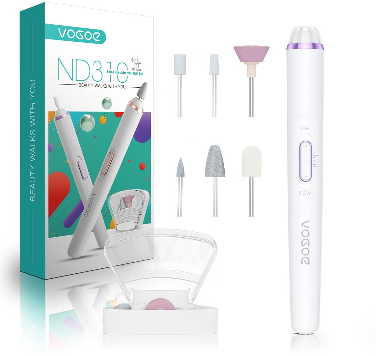 Thijox - Draadloze Elektrische Nagelvijlen met LED-Licht, Professionele Manicure Pedicure Kit, 6 Boren, Instelbare Snelheid en Richting, Paars ND310