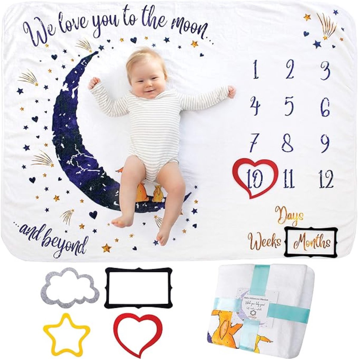 Verte Mijlpaaldeken - Baby-Mijlpaaldeken – Perfect Kraamcadeau – Mijlpaaldeken – Voor Jongens en Meisjes – Unisex – Sterren- en Maanthema – Zacht – Dik en Comfortabel – Maandelijkse Fotoherinnering – Inclusief Fotolijstjes