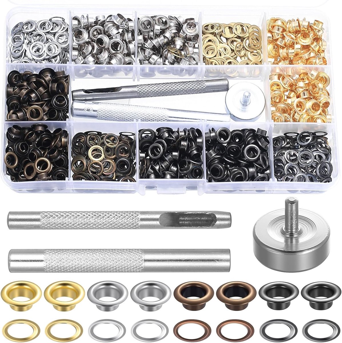 720-delige gereedschapskit voor oogjes, metalen oogjes van 5 mm, nietenset voor leren en stoffen projecten, inclusief 3 handige gereedschappen en 4 kleuren voor DIY handwerk