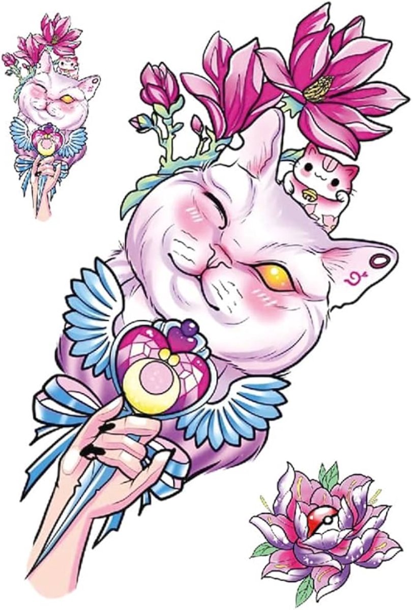 Temporary Tattoo Roze Kat (A5 formaat) [Neptattoo - Tijdelijke tatoeage - Nep Fake Tattoos - Water overdraagbare festival sticker henna outfit tattoo - Glitter tattoo - Volwassenen Kinderen Jongen Meisje]