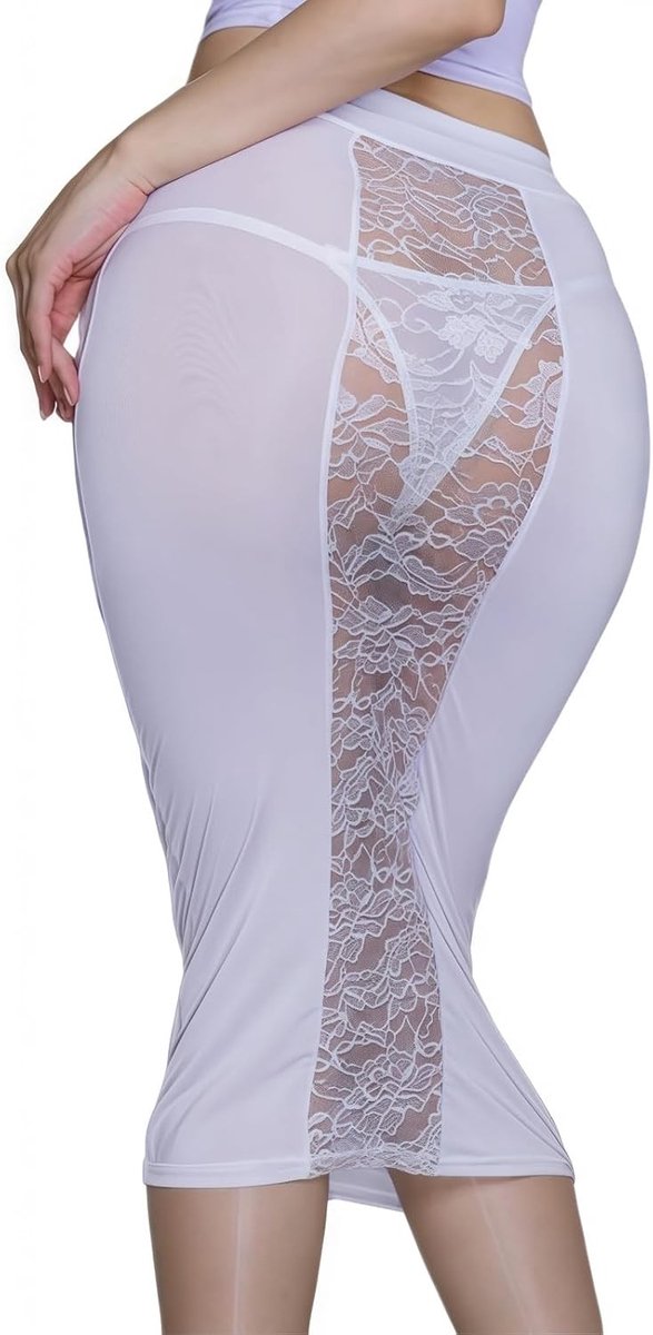 Dames kanten bodycon midirok - sexy doorzichtige kokerrok, glanzend en rekbaar voor rave, lingerie en nachtclub evenementen