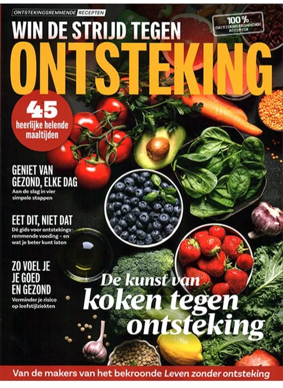 Voorpagina tijdschrift "Win de strijd tegen ontsteking" met tekst en diverse gezonde etenswaren zoals groenten, fruit en linzen.