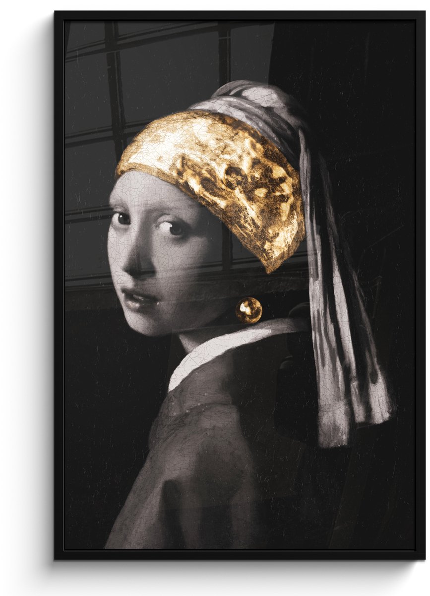 Fotolijst inclusief poster - Posterlijst meisje met de parel - Fotokader goud - Picture frame kunst - Foto in lijst Vermeer - Zwarte lijst 80x120 cm - Muurdecoratie slaapkamer accessoires - - Poster -