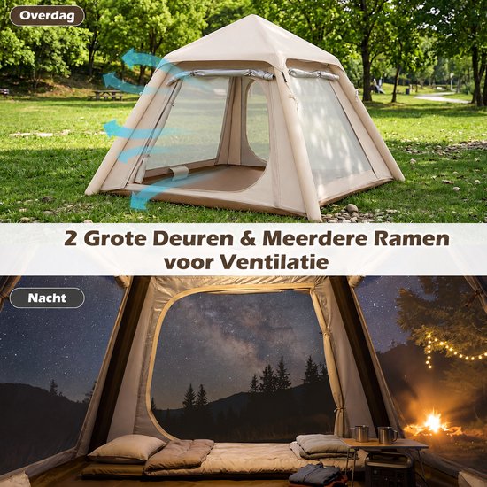 Opblaasbare tent - pblaasbare glamping tent - Waterdicht - Tot 4 personen - Khaki - Camping - Tuin - Glamping - 230L x 230B x 163H cm — afbeelding 3