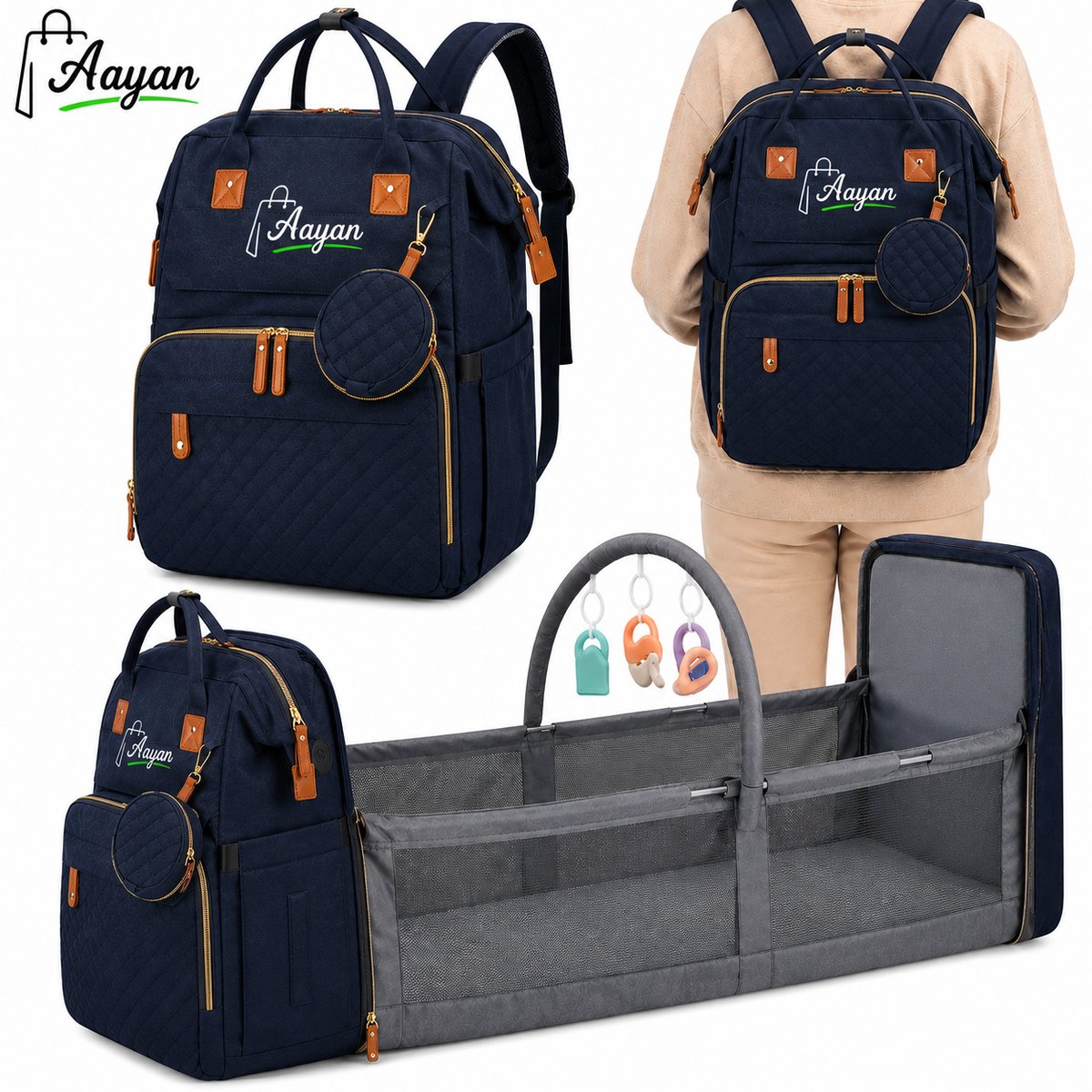 Luiertas Rugzak met Opvouwbaar Babybed – 3-in-1 Baby Luiertas met USB-poort, Geïsoleerde Flessenvakken en Grote Opbergruimte – Verzorgingstas voor Mama & Papa, Reisbed en Organizer – Grijs – 86118